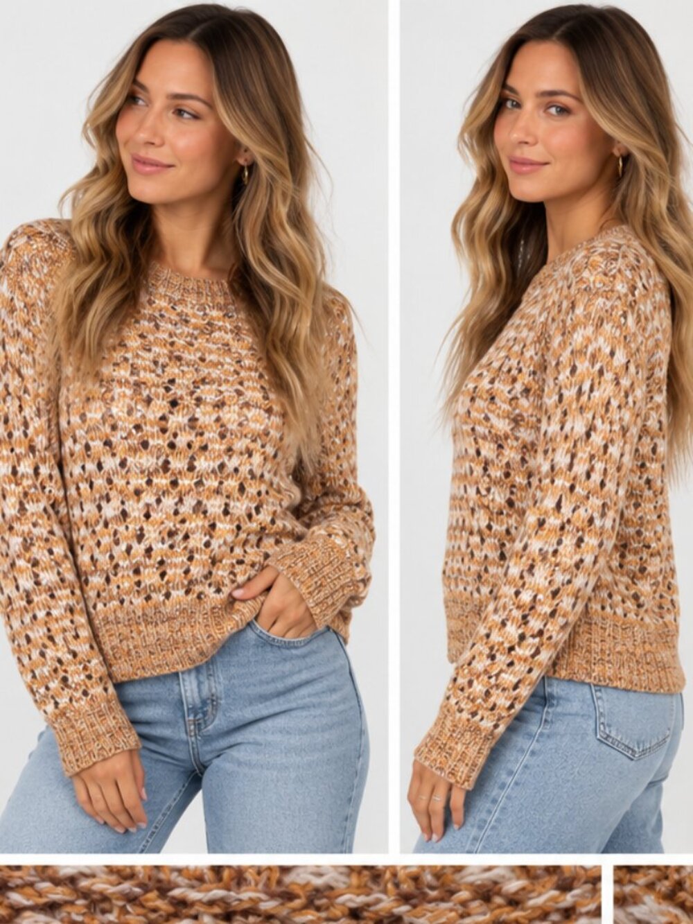 Roxy Seascope Crew Neck Open Knit Marled Sweater Size S NWT